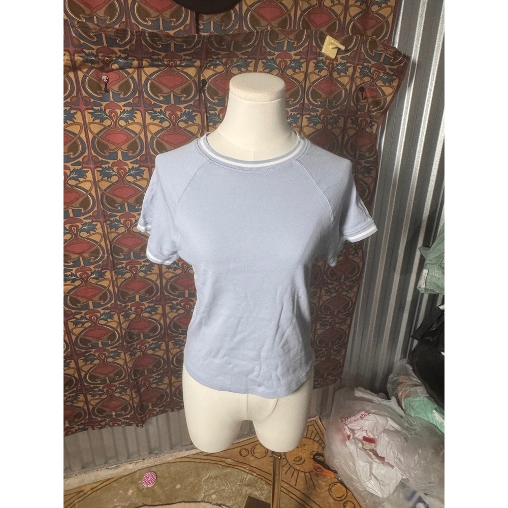 Light Blue‎ Short Sleeve T-Shirt White Trim Casual Top Womens